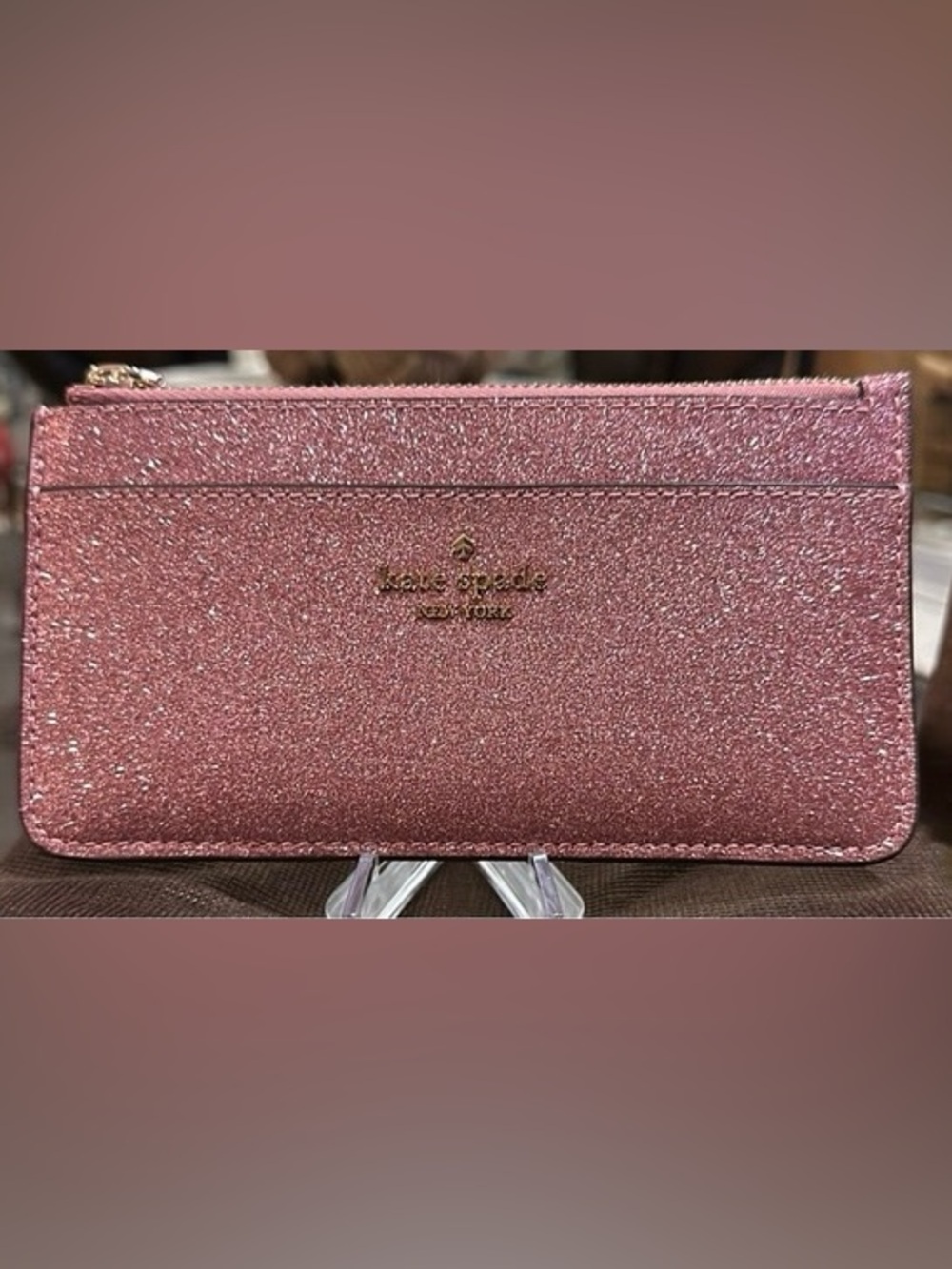 Kate Spade K9256 Tinsel Glitter Large Slim Card Holder Wallet in Pink New
